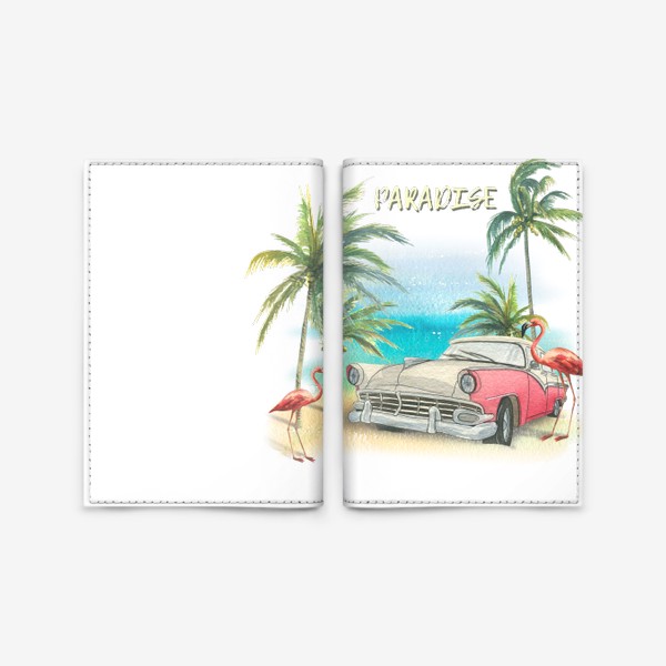 Обложка для паспорта «Ретро машина, розовые фламинго, пляж, пальмы. Тропический акварель.»