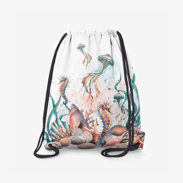 Рюкзак «Коралловый риф с ракушками, морским коньком и медузой. Акварель.»