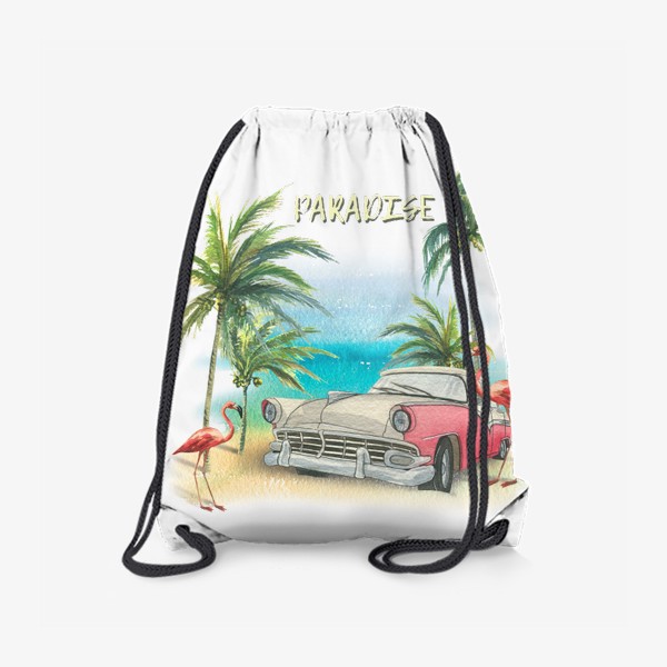 Рюкзак «Ретро машина, розовые фламинго, пляж, пальмы. Тропический акварель.»