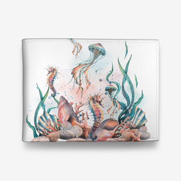Кошелек «Коралловый риф с ракушками, морским коньком и медузой. Акварель.»