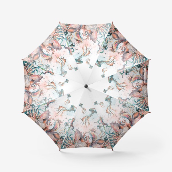 Зонт «Коралловый риф с ракушками, морским коньком и медузой. Акварель.»