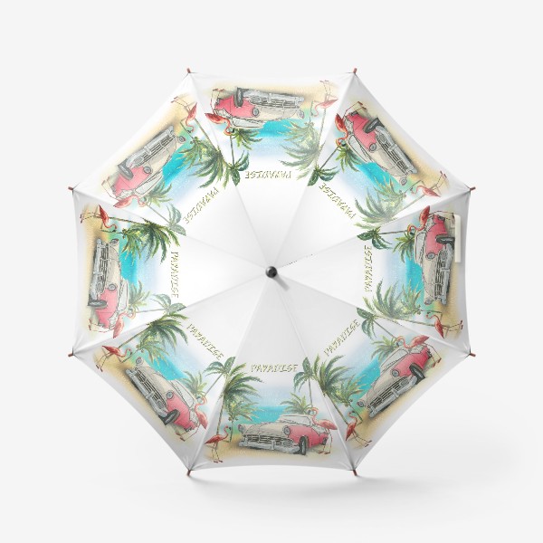 Зонт &laquo;Ретро машина, розовые фламинго, пляж, пальмы. Тропический акварель.&raquo;