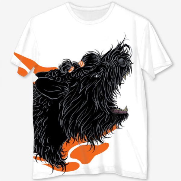 Футболка с полной запечаткой &laquo;Русский черный терьер (черныш, собака) на оранжевом фоне&raquo;