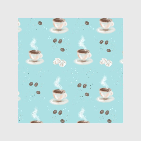 Скатерть «Кружки кофе, зерна и меренги на бирюзовом фоне»
