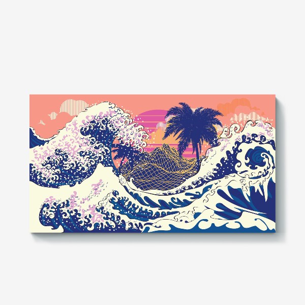 Холст «Ретро дизайн большие волны и пальмы»