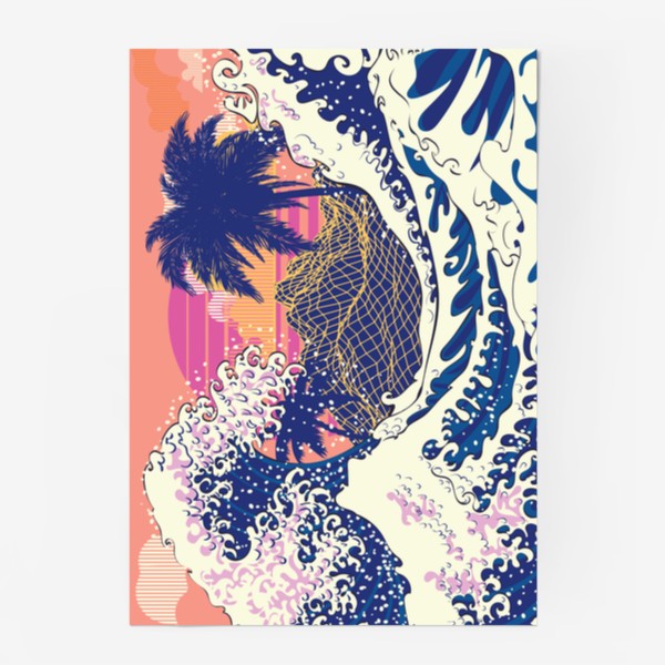 Постер &laquo;Ретро дизайн большие волны и пальмы&raquo;