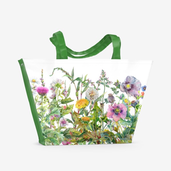 Пляжная сумка &laquo;Маки, ромашки, одуванчики. Акварельные полевые цветы&raquo;