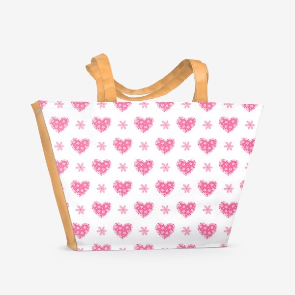 Пляжная сумка «Паттерн узорные розовые сердечки и цветы»