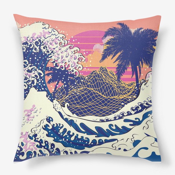 Подушка «Ретро дизайн большие волны и пальмы»