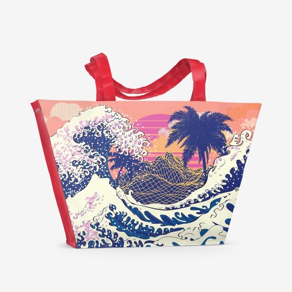 Пляжная сумка «Ретро дизайн большие волны и пальмы»