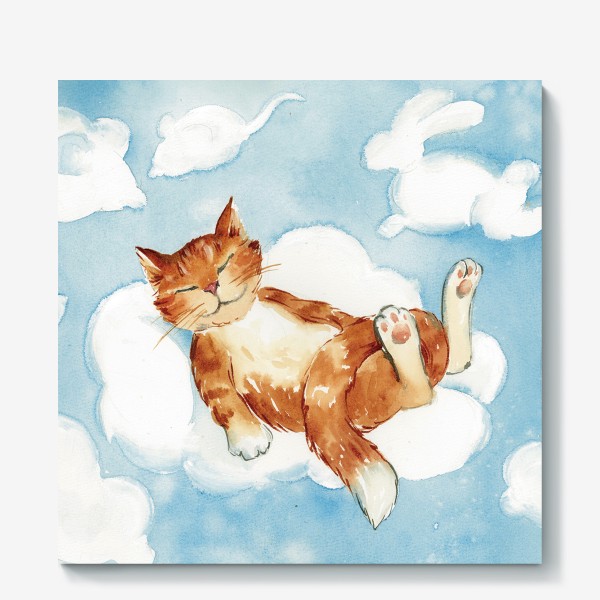 Холст «Акварельный рисунок Котик спит на облачке»
