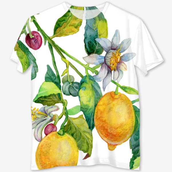 Футболка с полной запечаткой «Ветка лимона с цветками и плодами»