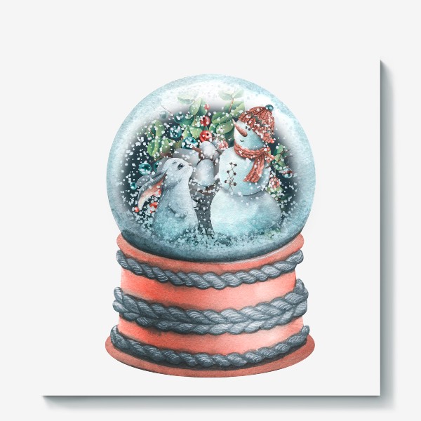 Холст «Стеклянный снежный шар со снеговиком и кроликом. Акварель.»