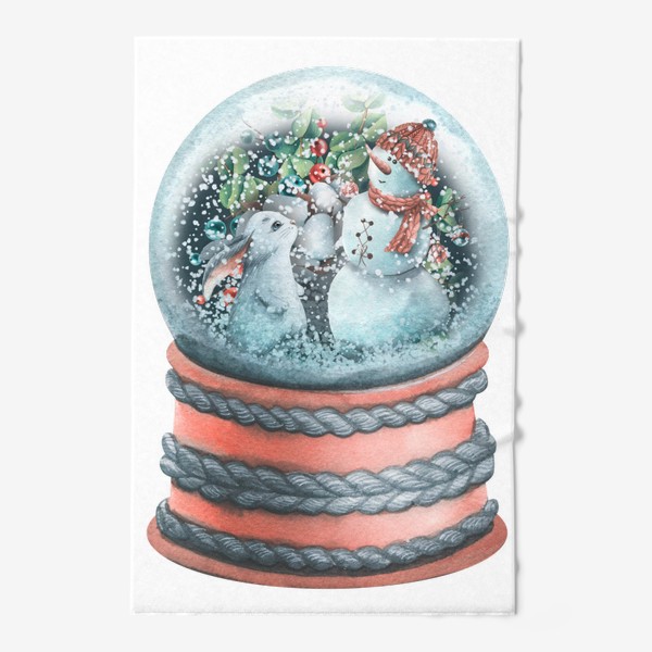 Полотенце «Стеклянный снежный шар со снеговиком и кроликом. Акварель.»