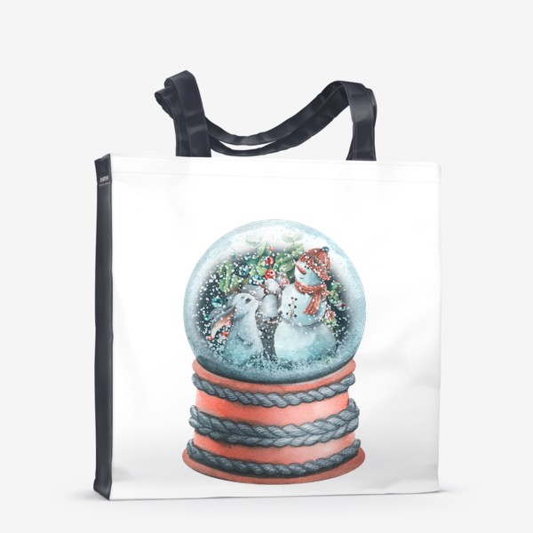 Сумка-шоппер &laquo;Стеклянный снежный шар со снеговиком и кроликом. Акварель.&raquo;