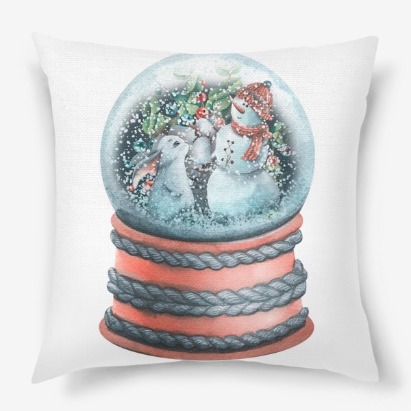 Подушка «Стеклянный снежный шар со снеговиком и кроликом. Акварель.»