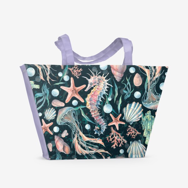 Пляжная сумка «Морской конек, медуза, ракушки. Акварель паттерн.»