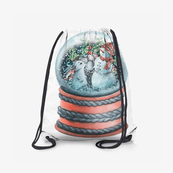 Рюкзак «Стеклянный снежный шар со снеговиком и кроликом. Акварель.»