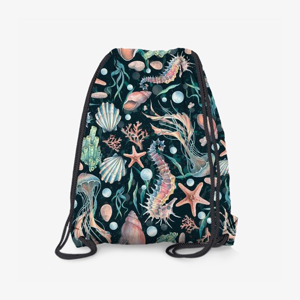 Рюкзак «Морской конек, медуза, ракушки. Акварель паттерн.»