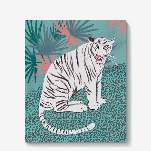 Холст «Белый тигр на голубом и зеленим фоне с пальмовыми листьями»