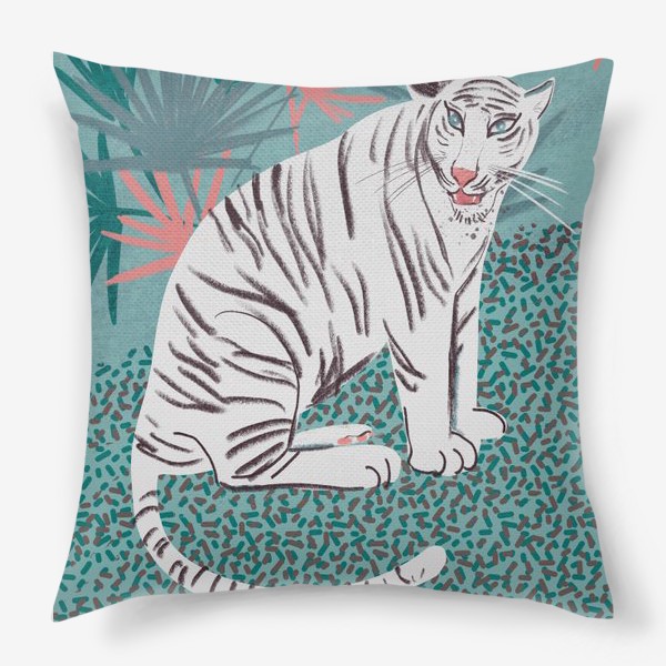 Подушка «Белый тигр на голубом и зеленим фоне с пальмовыми листьями»