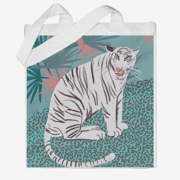 Сумка хб «Белый тигр на голубом и зеленим фоне с пальмовыми листьями»