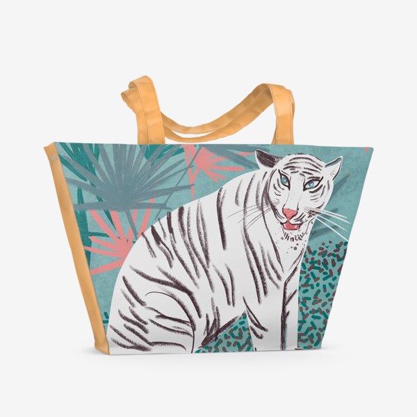 Пляжная сумка &laquo;Белый тигр на голубом и зеленим фоне с пальмовыми листьями&raquo;
