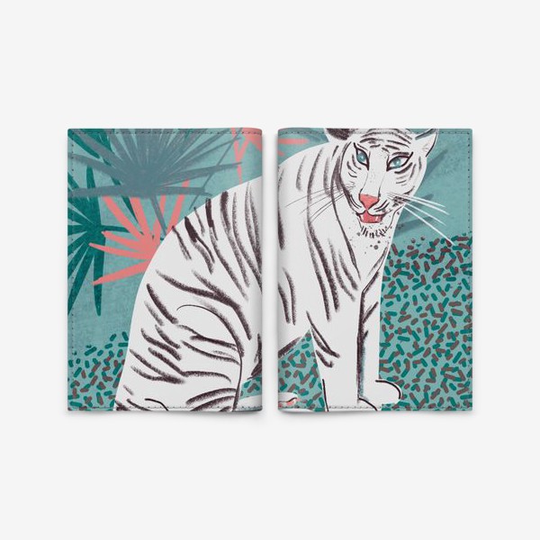 Обложка для паспорта «Белый тигр на голубом и зеленим фоне с пальмовыми листьями»