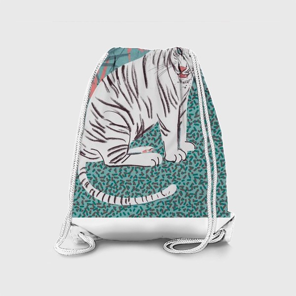 Рюкзак «Белый тигр на голубом и зеленим фоне с пальмовыми листьями»