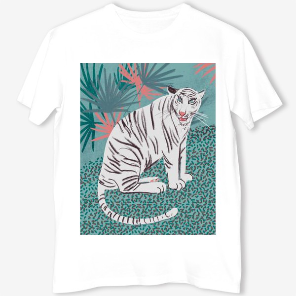 Футболка «Белый тигр на голубом и зеленим фоне с пальмовыми листьями»