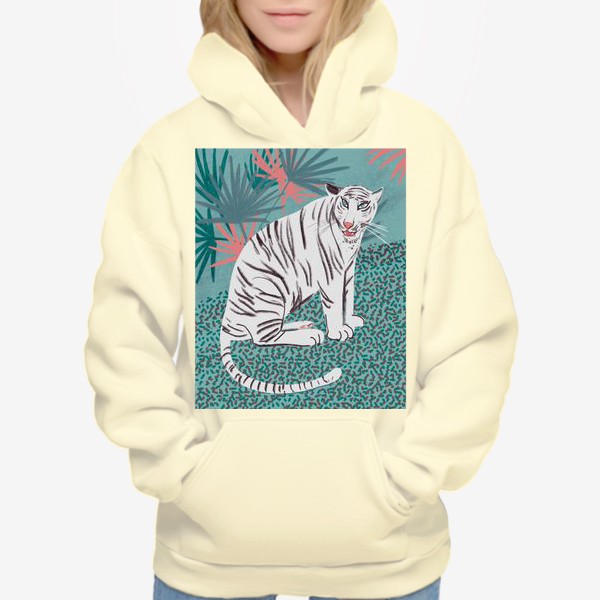 Худи «Белый тигр на голубом и зеленим фоне с пальмовыми листьями»