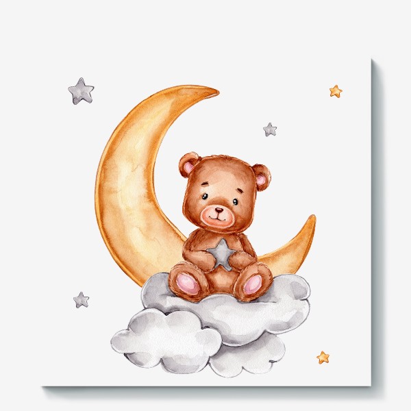 Холст «Мишка со звездой сидит на облаках и луне»