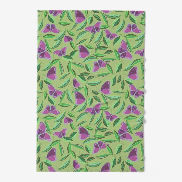 Полотенце «узор с фиолетовыми бабочками на зеленом фоне»
