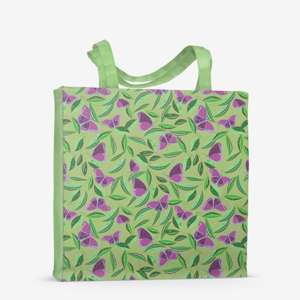 Сумка-шоппер «узор с фиолетовыми бабочками на зеленом фоне»