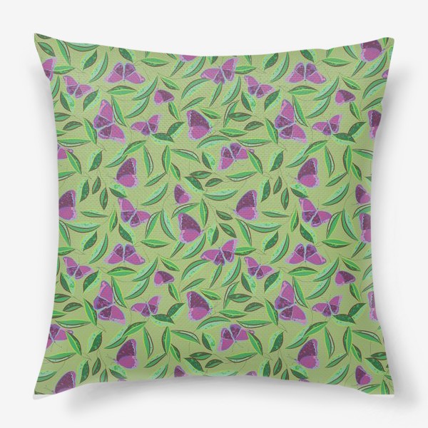 Подушка «узор с фиолетовыми бабочками на зеленом фоне»