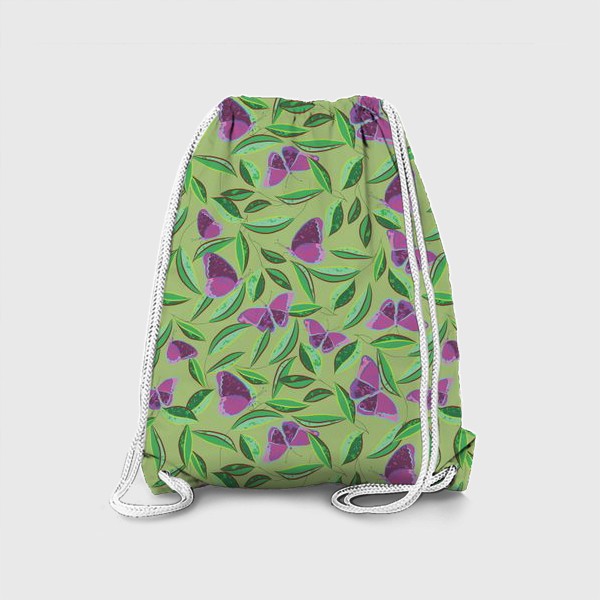 Рюкзак «узор с фиолетовыми бабочками на зеленом фоне»