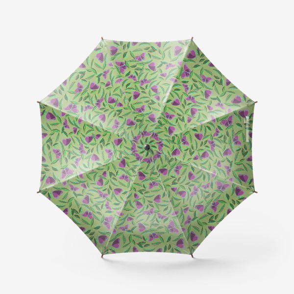 Зонт «узор с фиолетовыми бабочками на зеленом фоне»