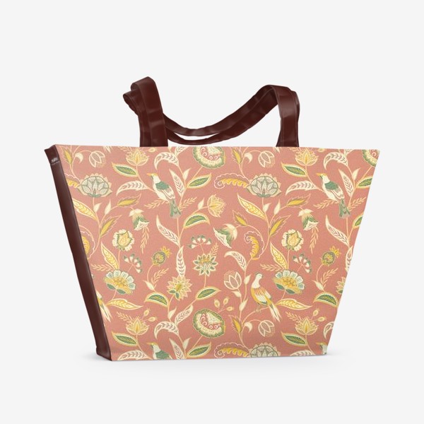 Пляжная сумка «Птицы и цветы в стиле якобинской вышивки»