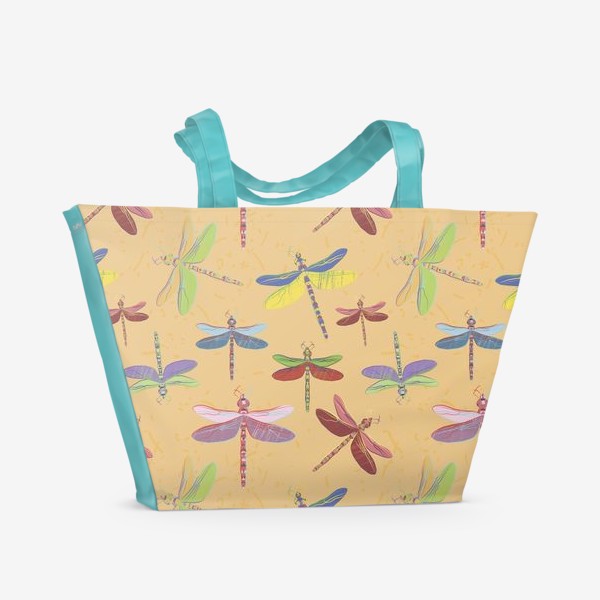Пляжная сумка «разноцветные стрекозы на оранжевом фоне»