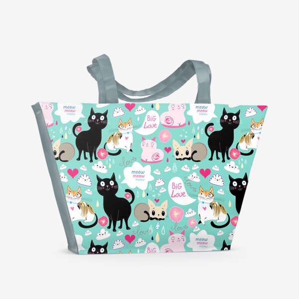 Пляжная сумка «Весёлый бесшовный узор с влюблёнными котами и словами любовь.»