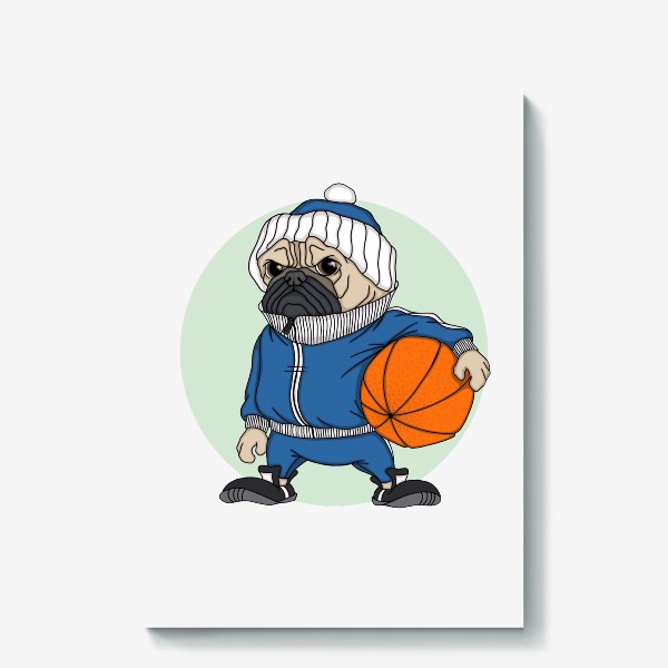 Холст «Мопс-спортсмен с мячом (серия для любителей собак)»