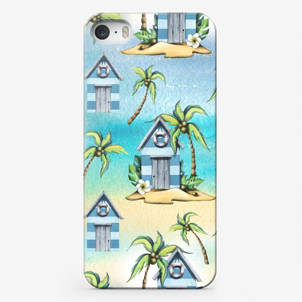 Чехол iPhone «Пляжные морские домики с пальмами. Акварельный паттерн.»