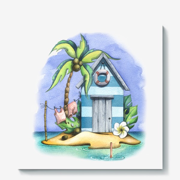 Холст «Морской, пляжный домик с пальмами. Акварель.»