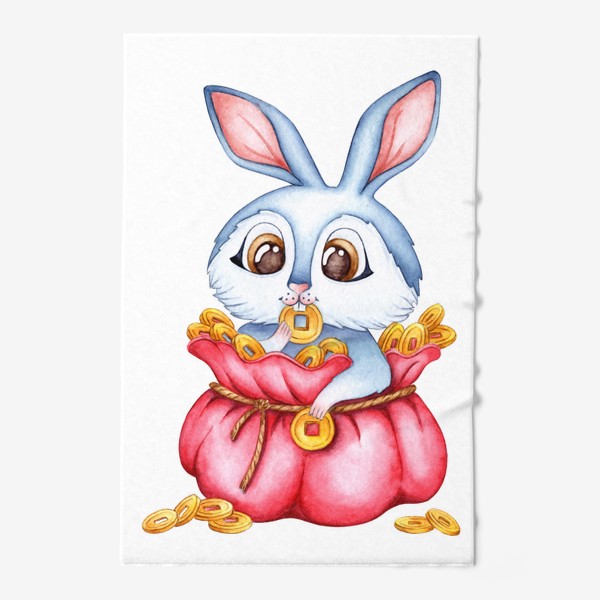 Полотенце «Кролик в красном мешке с золотыми монетами / Милый зайчик»