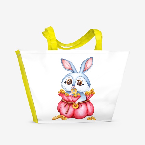 Пляжная сумка «Кролик в красном мешке с золотыми монетами / Милый зайчик»