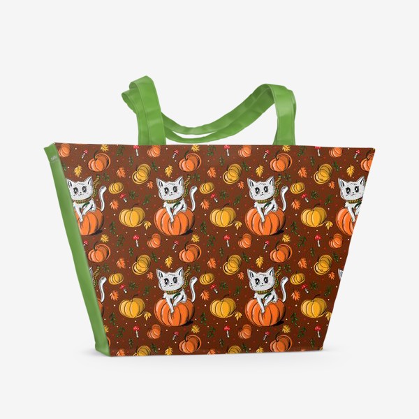 Пляжная сумка «Хэллоуин, кот, тыквы и осень»