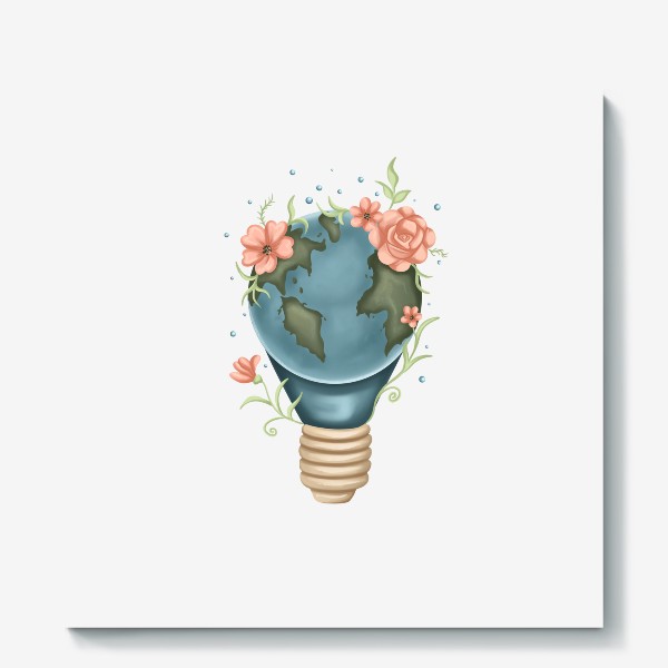 Холст «Земной шар, планета, мир, лампочка, цветы.»
