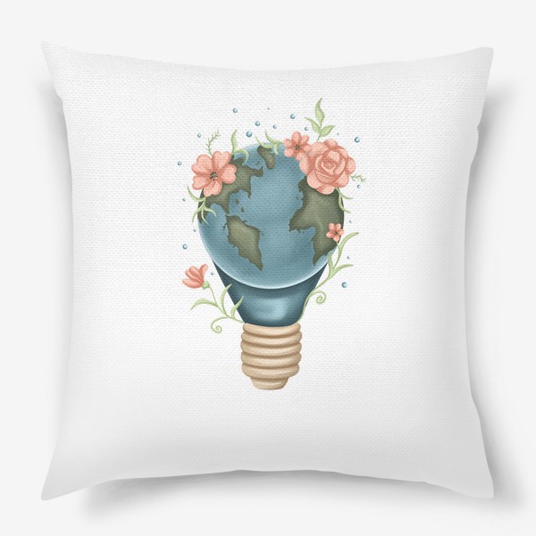 Подушка «Земной шар, планета, мир, лампочка, цветы.»