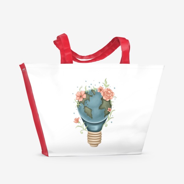 Пляжная сумка «Земной шар, планета, мир, лампочка, цветы.»