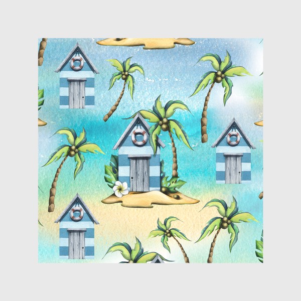 Шторы &laquo;Пляжные морские домики с пальмами. Акварельный паттерн.&raquo;